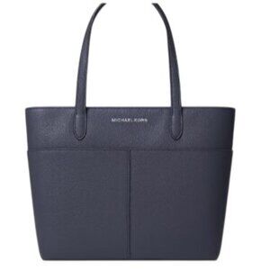 Michael Kors Navy Blue Leather Tote Bag Dual Handles Front Pockets MRSP 298.00